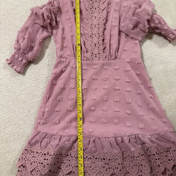 Simplee Pink Size M Long Sleeve Lace Chiffon Mini Party Dress Swiss Dot - Picture 3 of 6